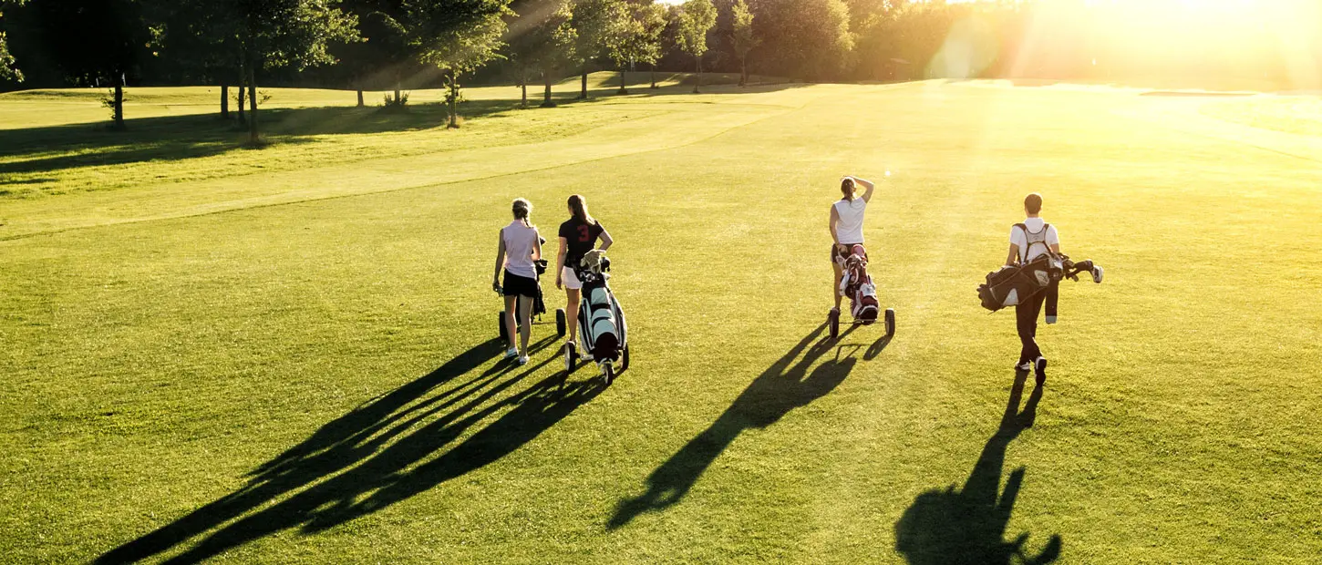 A group plays golf on a green field.